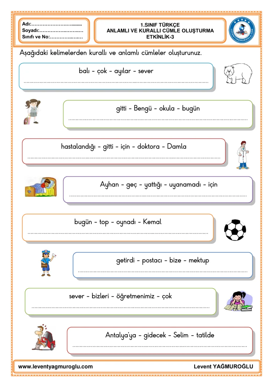 1. Sınıf Türkçe Anlamlı ve Kurallı Cümle Oluşturma Etkinlikleri 3 kapak görseli