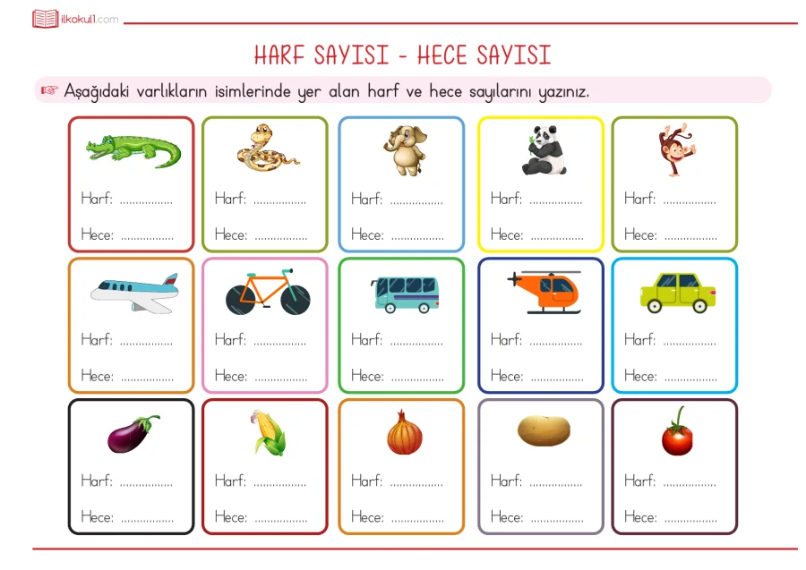 1. Sınıf Türkçe Harf Sayısı ve Hece Sayısı Çalışması kapak görseli