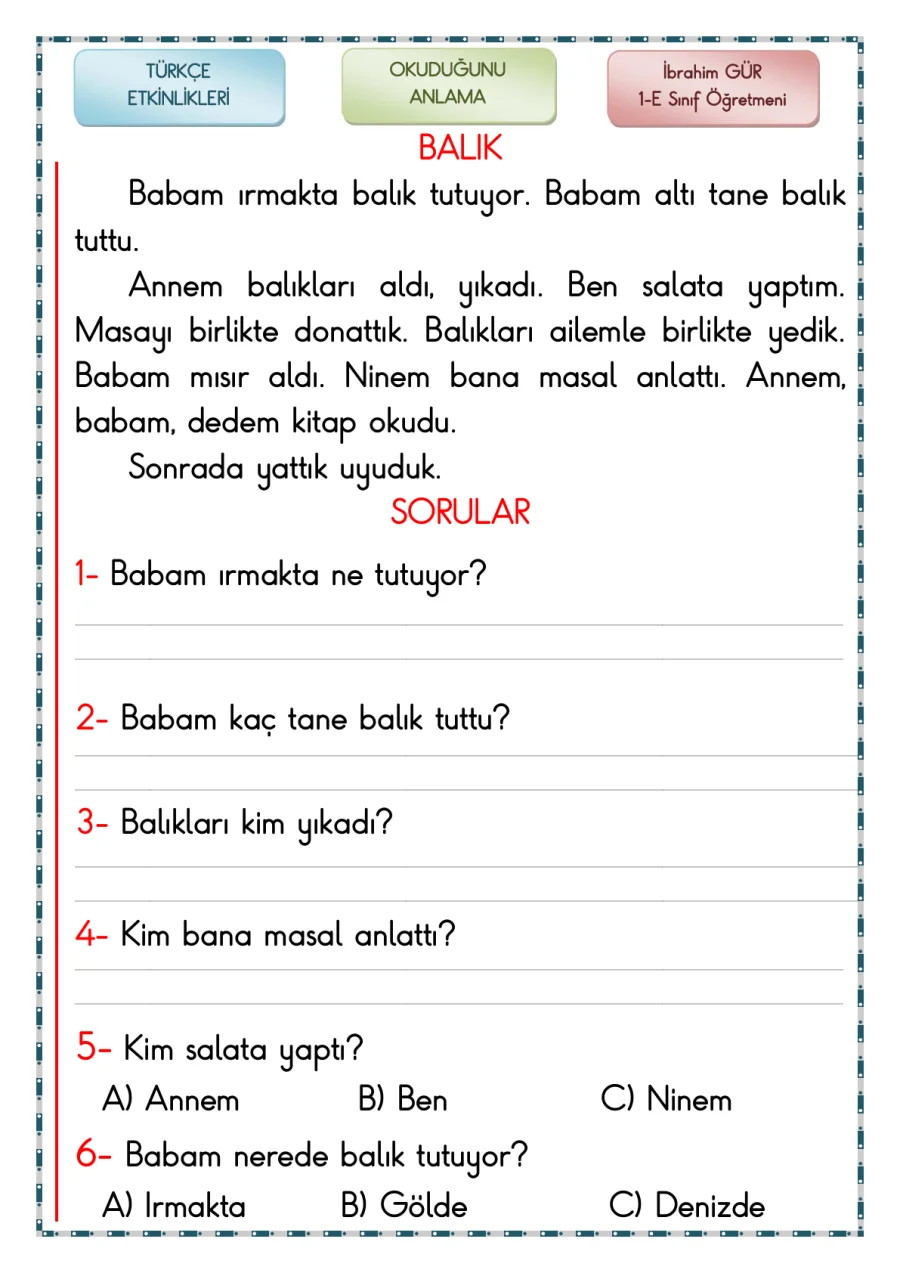 1. Sınıf Türkçe Okuduğunu Anlama Etkinliği 4 kapak görseli