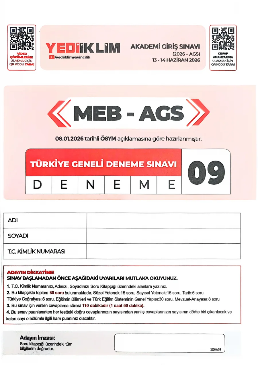 2026 MEB AGS TG TÜRKİYE DENEME Sınavı 09 YEDİİKLİM YAYINLARI kapak görseli