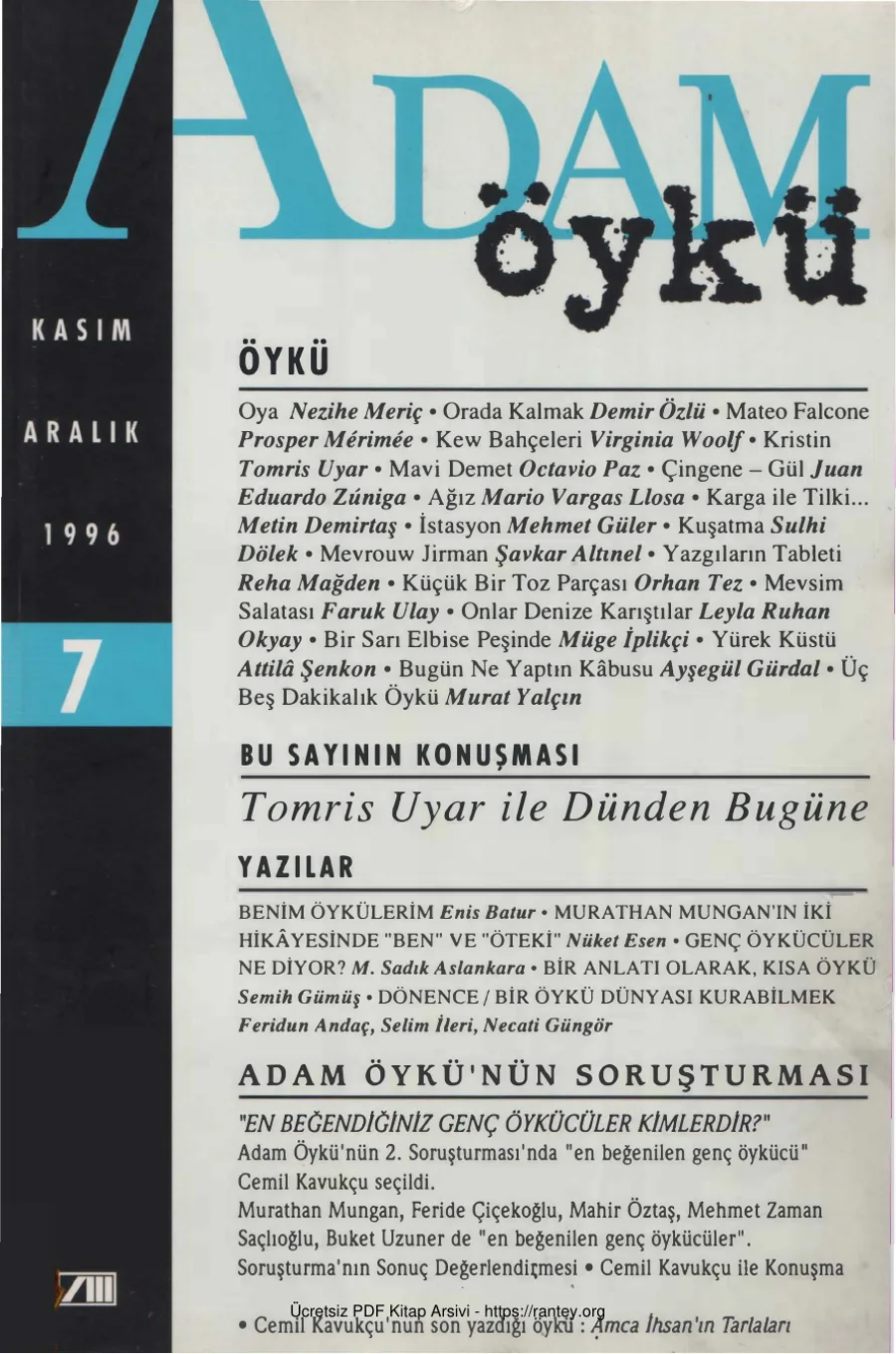 Adam Öykü Sayı 07 Kasım Aralık 1996 kapak görseli