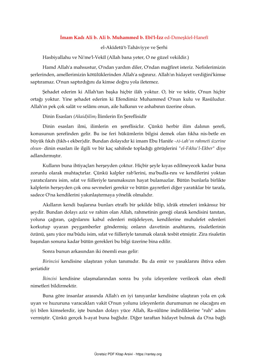 AKIDETUL TAHAWİ ŞERHI imam Kadı Ali bAli bMuhammed b Ebiliz zed Dımeskel Hanef Ebu Abdulmumin Tekin Mıhçı kapak görseli
