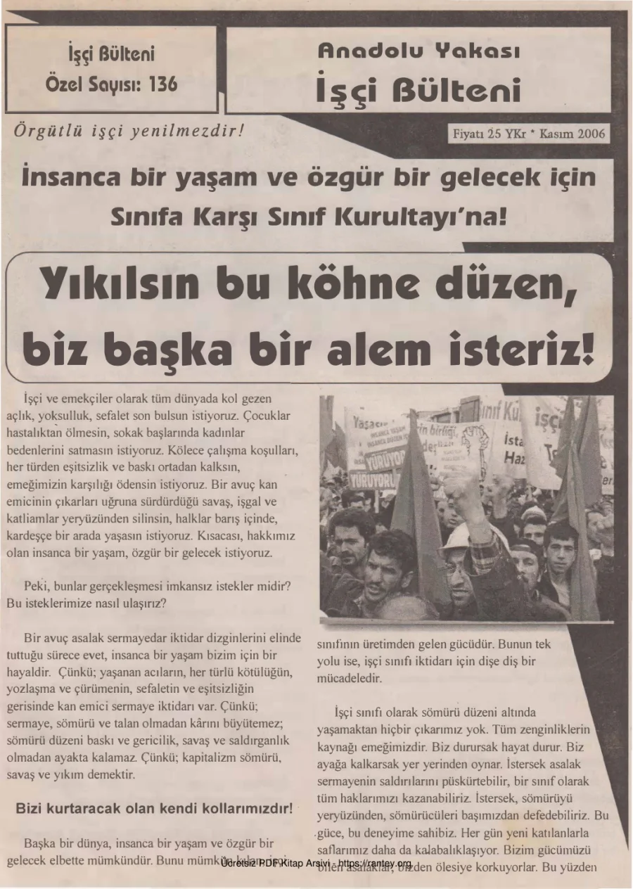 Anadolu Yakası İşçi Bülteni İşçi Bülteni Özel Sayı 136 Kasım 2006 kapak görseli