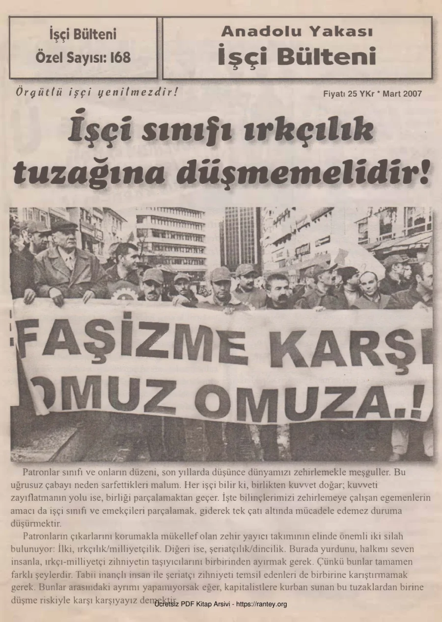 Anadolu Yakası İşçi Bülteni İşçi Bülteni Özel Sayı 168 Mart 2007 kapak görseli