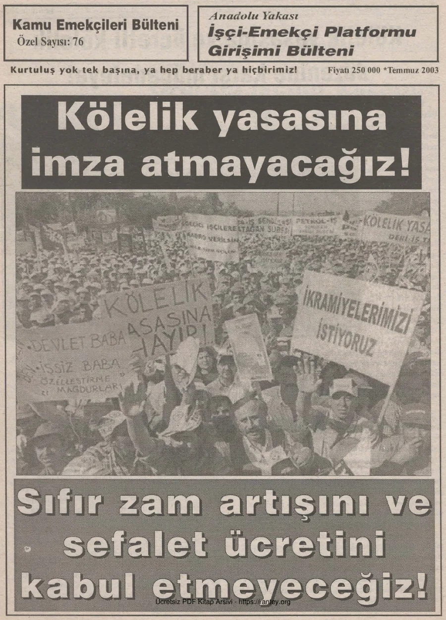 Anadolu Yakası İşçi Emekçi Platformu Girişimi Bülteni Kamu Emekçileri Bülteni Özel Sayı 076 Temmuz 2003 kapak görseli