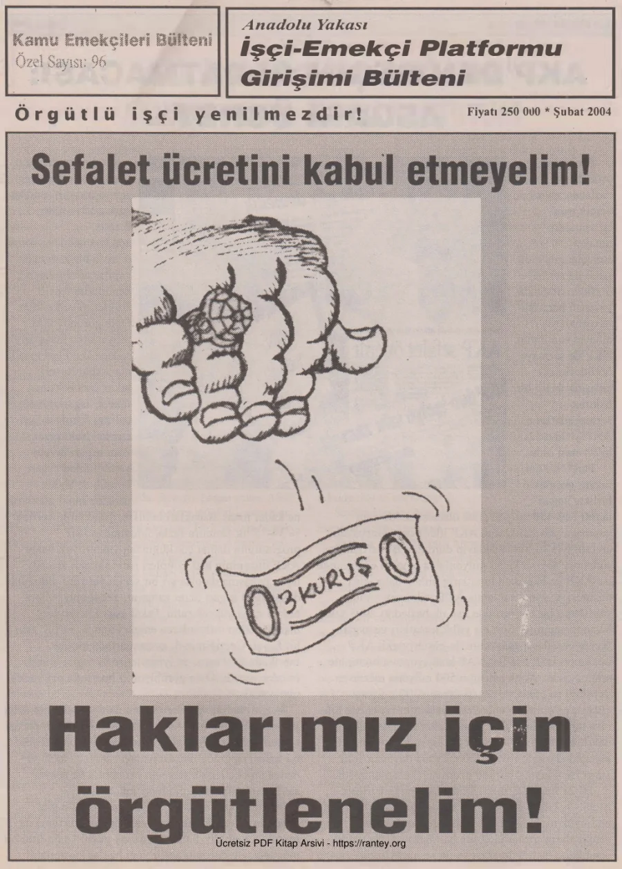 Anadolu Yakası İşçi Emekçi Platformu Girişimi Bülteni Kamu Emekçileri Bülteni Özel Sayı 096 Şubat 2004 kapak görseli