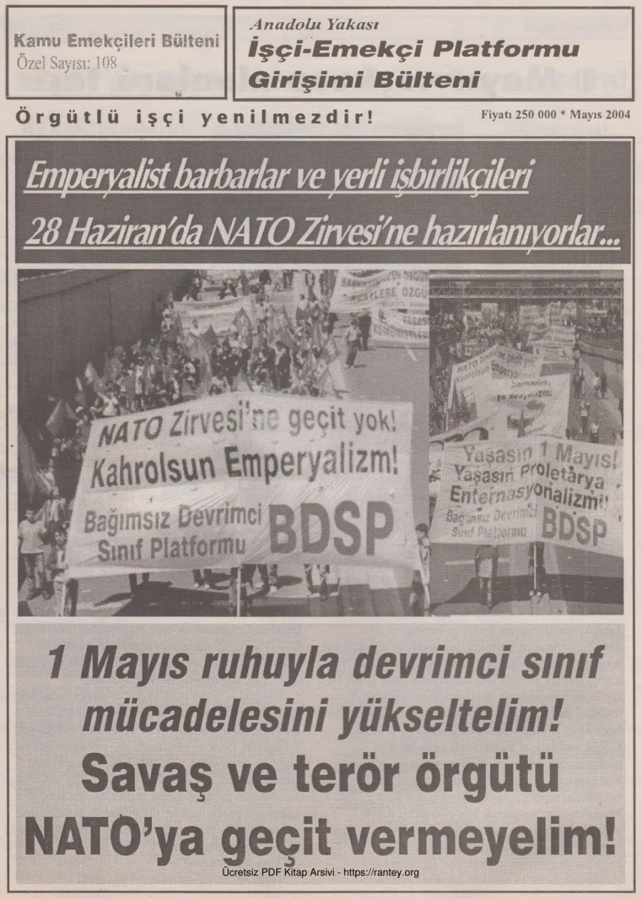 Anadolu Yakası İşçi Emekçi Platformu Girişimi Bülteni Kamu Emekçileri Bülteni Özel Sayı 108 Mayıs 2004 kapak görseli