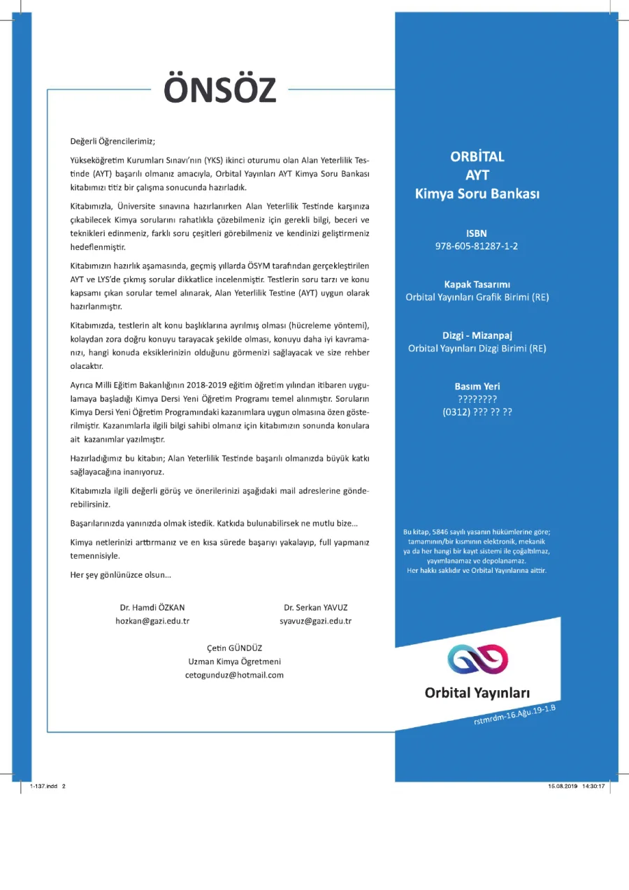 AYT Kimya Soru Bankası 2020 PDF kapak görseli