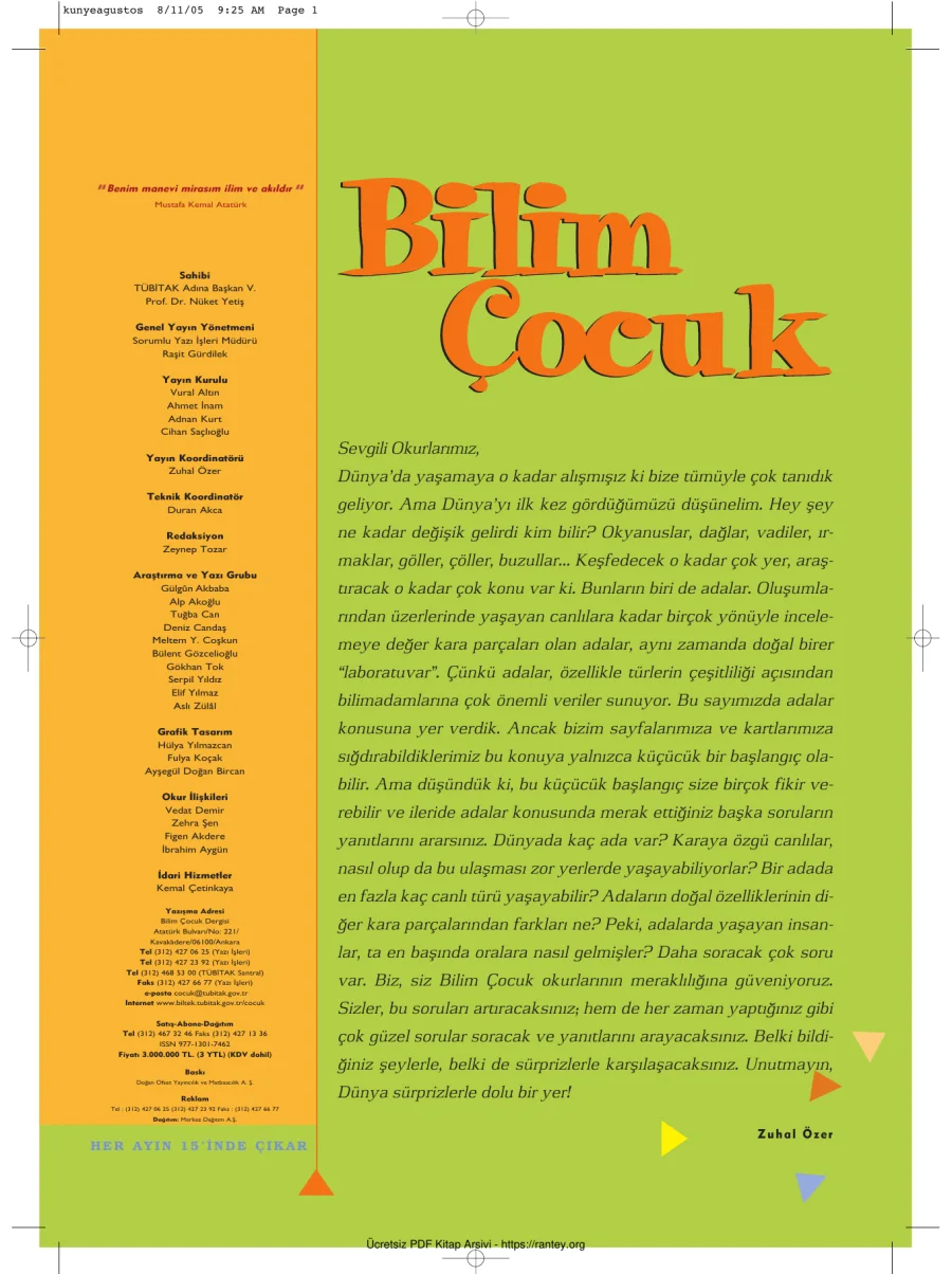 Bilim ve Çocuk Sayı 092 Ağustos 2005 kapak görseli