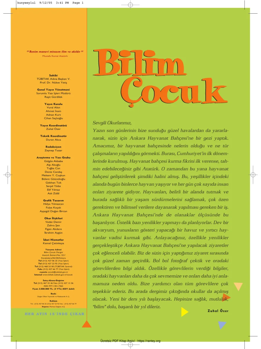 Bilim ve Çocuk Sayı 093 Eylül 2005 kapak görseli