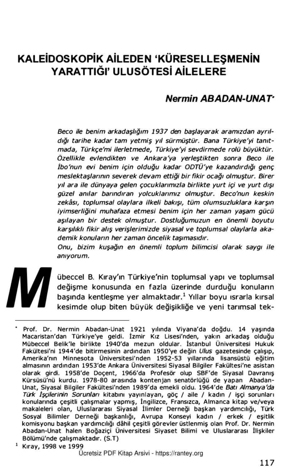 Değişmenin ve Geçiş Toplumunun Sosyoloğu Mübeccel Kıray Bağlam Yayınları Newrmin Abadan Unat kapak görseli