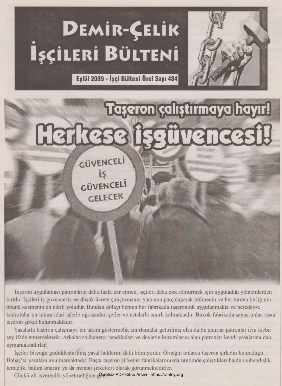 Demir Çelik İşçileri Bülteni İşçi Bülteni Özel Sayı 484 Eylül 2009 kapak görseli