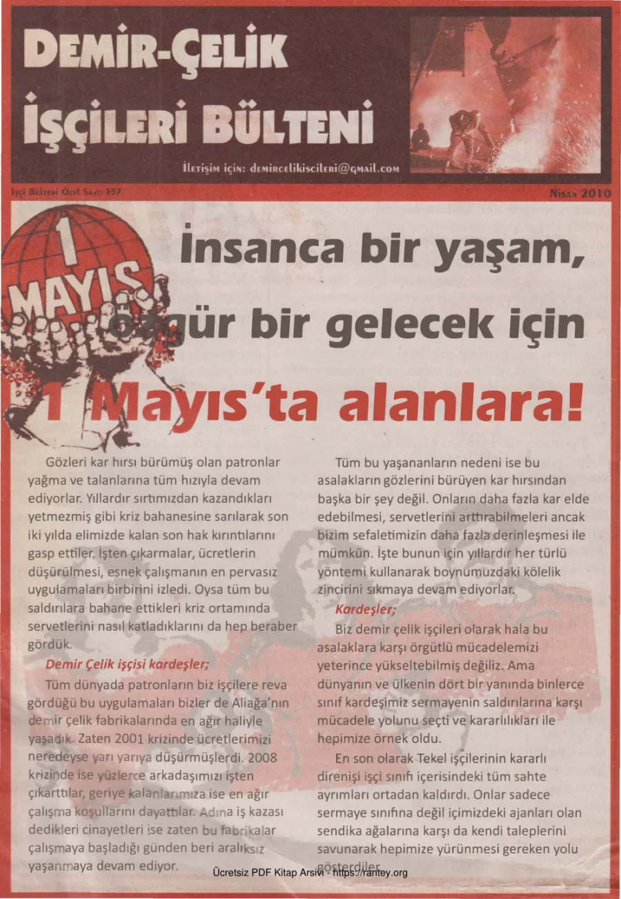 Demir Çelik İşçileri Bülteni İşçi Bülteni Özel Sayı 557 Nisan 2010 kapak görseli