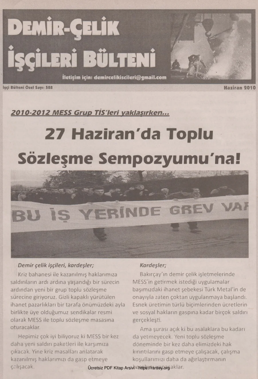 Demir Çelik İşçileri Bülteni İşçi Bülteni Özel Sayı 588 Haziran 2010 kapak görseli