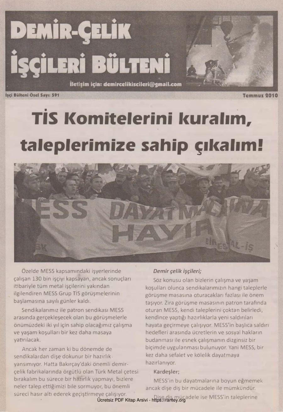 Demir Çelik İşçileri Bülteni İşçi Bülteni Özel Sayı 591 Temmuz 2010 kapak görseli