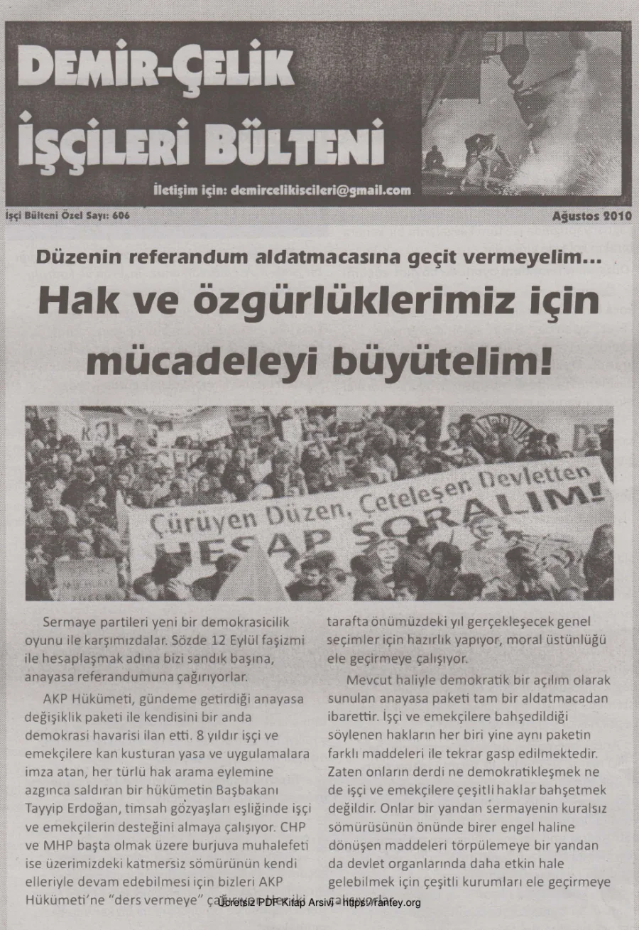 Demir Çelik İşçileri Bülteni İşçi Bülteni Özel Sayı 606 Ağustos 2010 kapak görseli