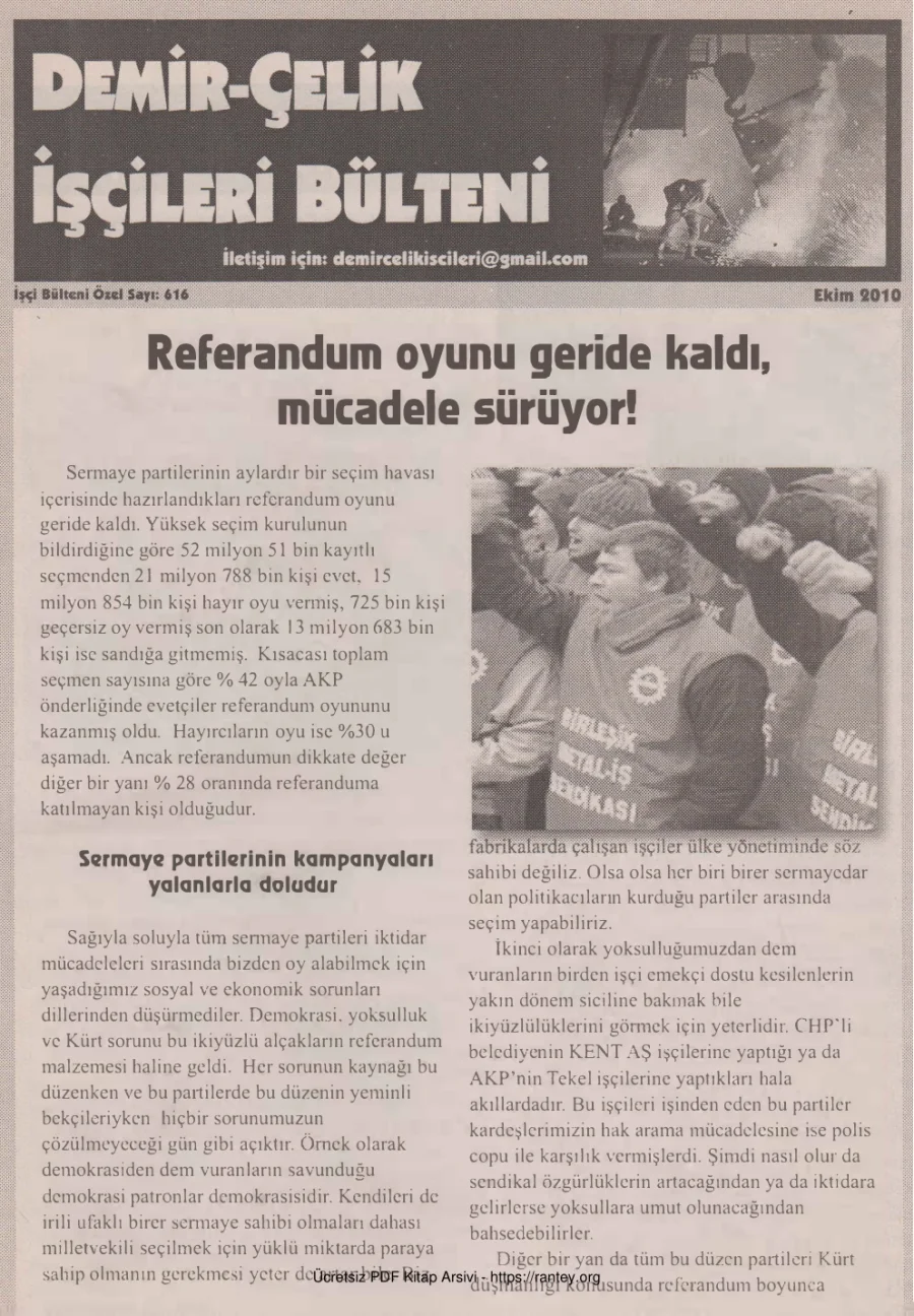Demir Çelik İşçileri Bülteni İşçi Bülteni Özel Sayı 616 Ekim 2010 kapak görseli