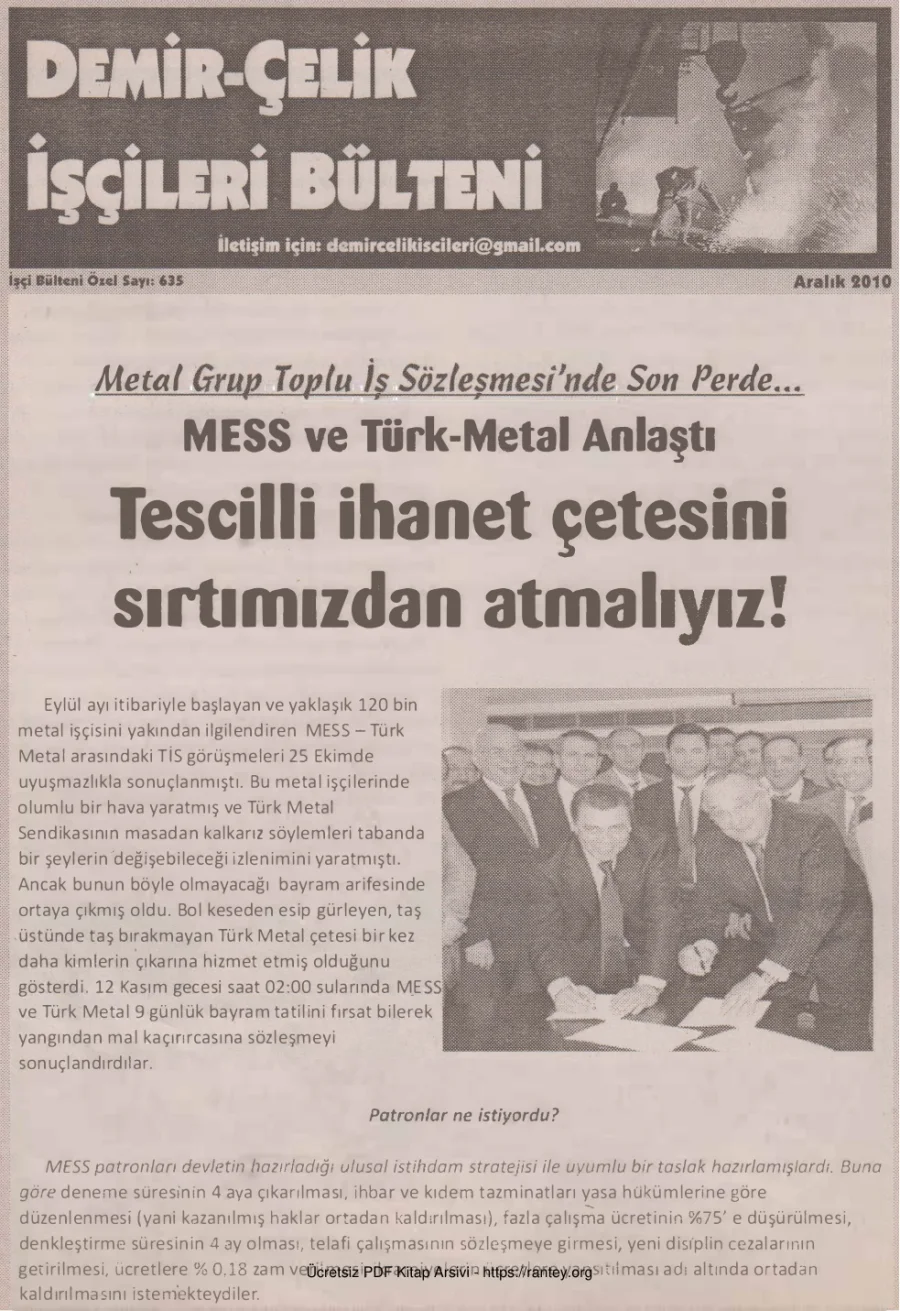 Demir Çelik İşçileri Bülteni İşçi Bülteni Özel Sayı 635 Aralık 2010 kapak görseli