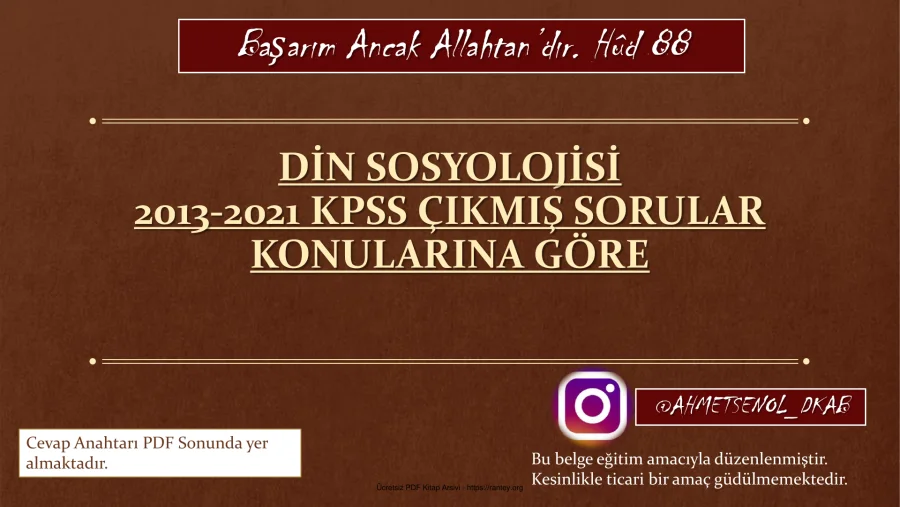 DİN SOSYOLOJİSİ KONULARINA GÖRE DÜZENLENMİŞ ÇIKMIŞ SORULAR kapak görseli