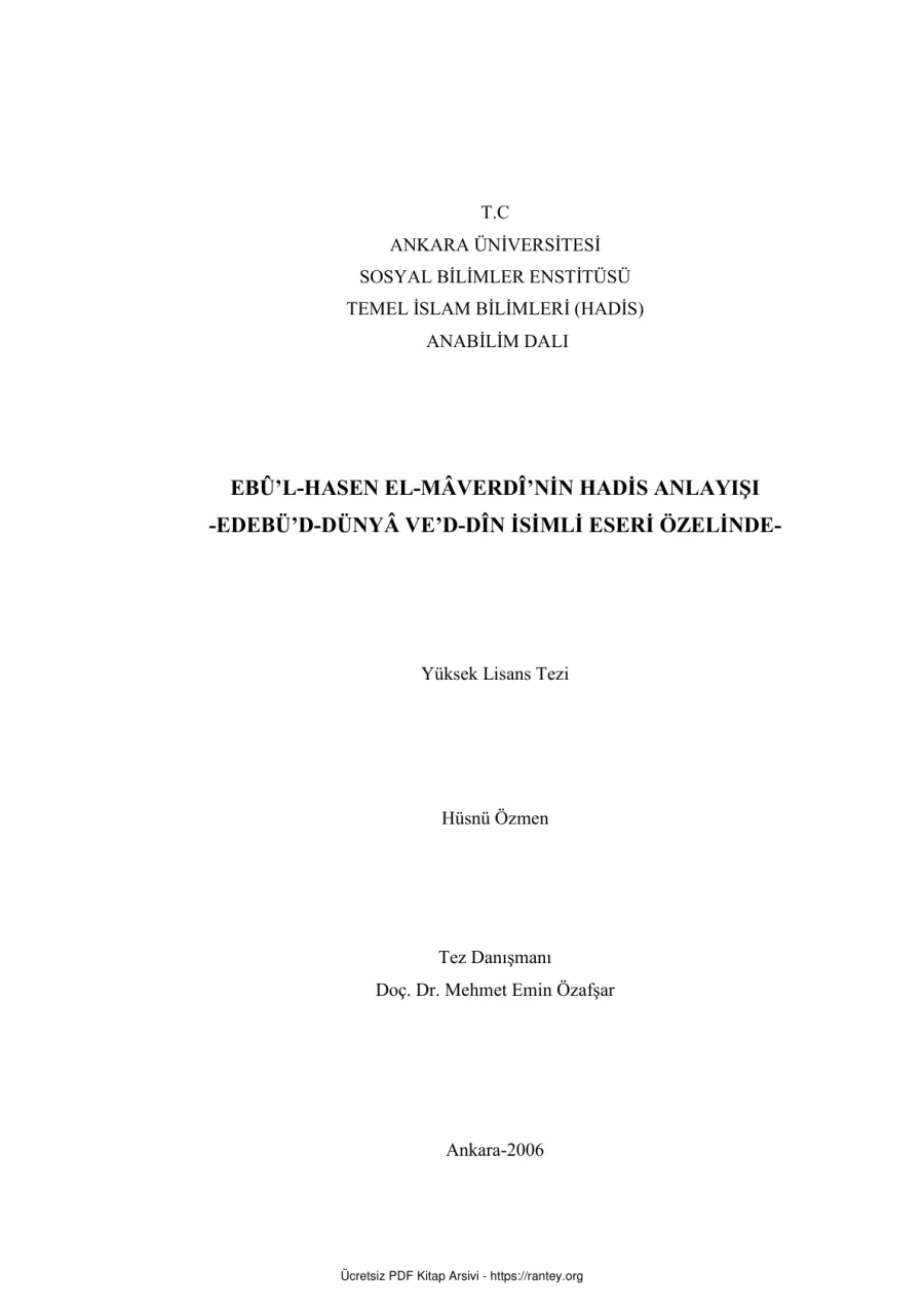 EBL HASEN EL MVERDNİN HADİS ANLAYISI Dr TEZİ Ebu Abdulmumin Tekin Mıhçı kapak görseli