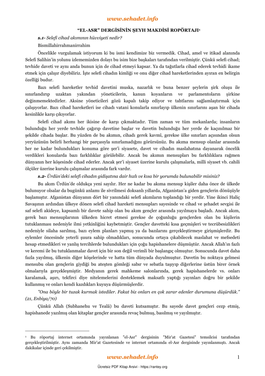 EL ASR DERGİSİNİN SEYH MAKDİSİ ROPÖRTAJI Ebu Abdulmumin Tekin Mıhçı kapak görseli