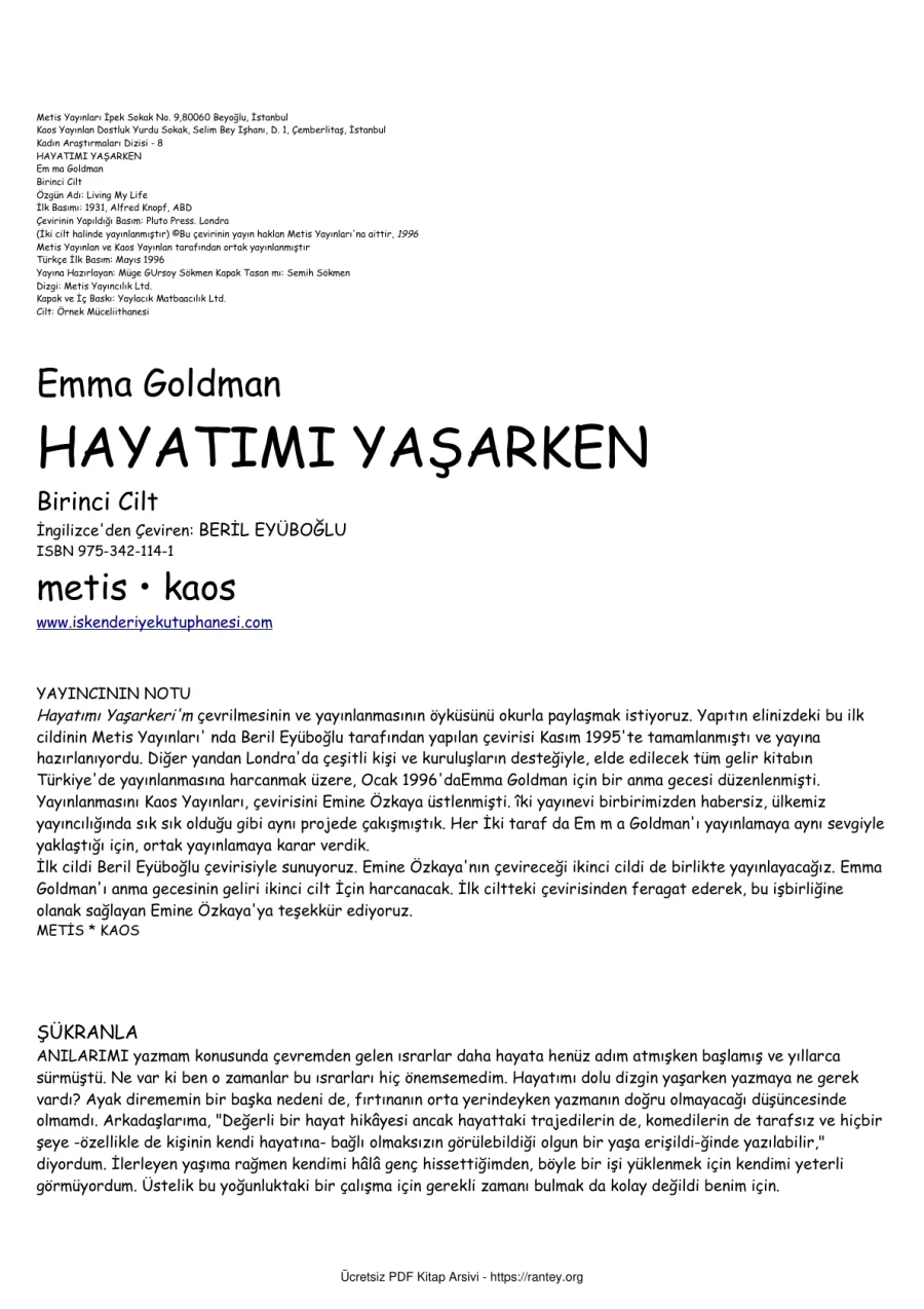 EmmaGoldman HayatimiYasarken1 kapak görseli