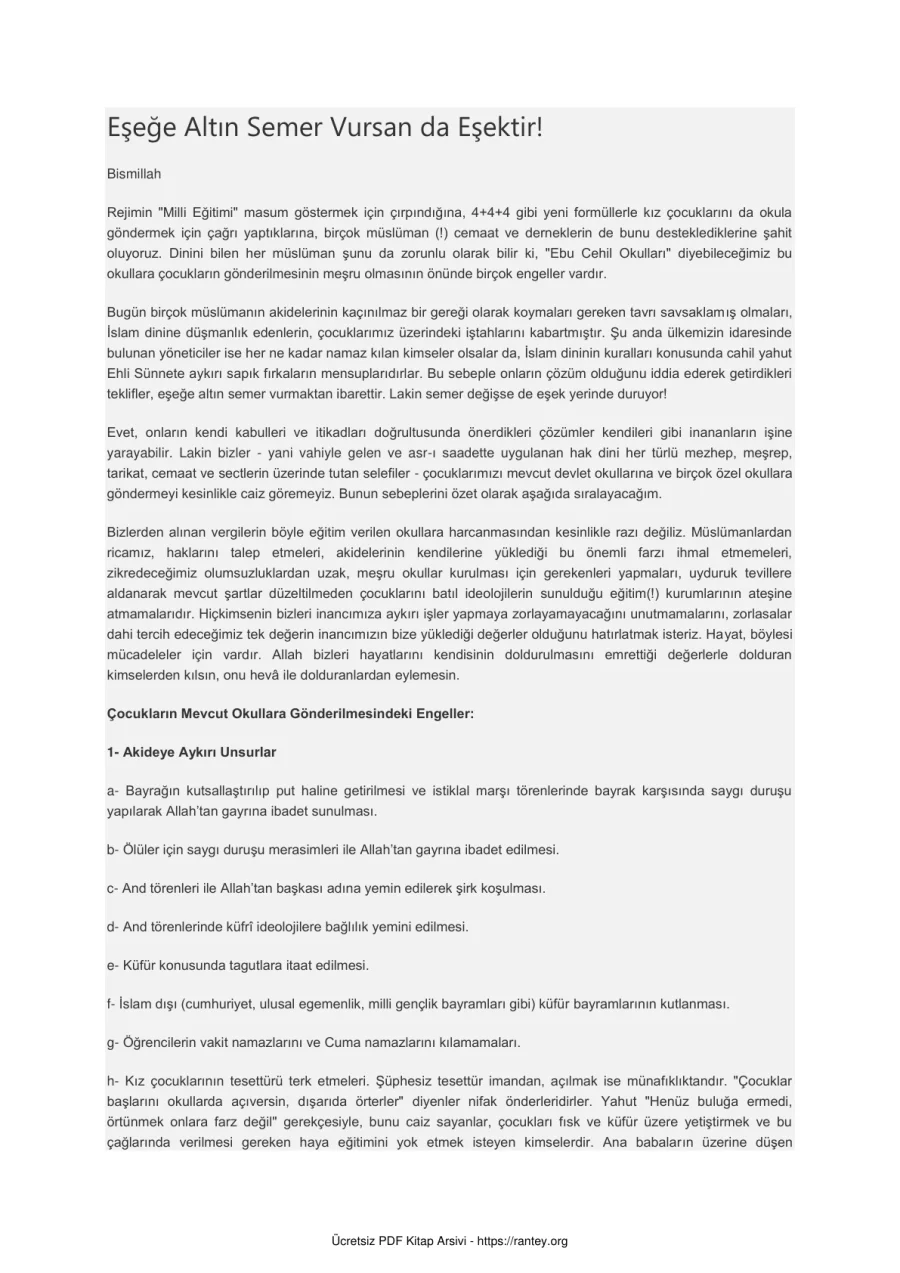 EŞEĞE ALTIN SEMER VURSAN DA AYNIDIR TC OKULLARI HAKKINDA Ebu Abdulmumin Tekin Mıhçı kapak görseli