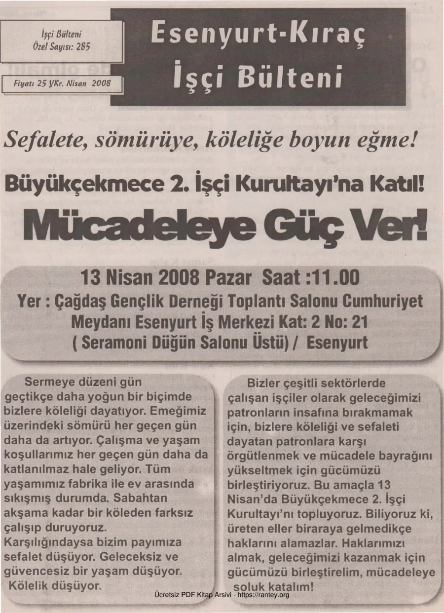 Esenyurt İşçi Bülteni İşçi Bülteni Özel Sayı 285 Nisan 2008 kapak görseli