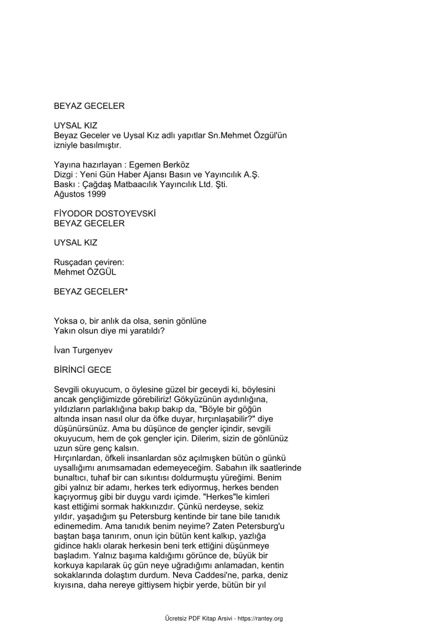 F M Dostoyevski Beyaz Geceler kapak görseli