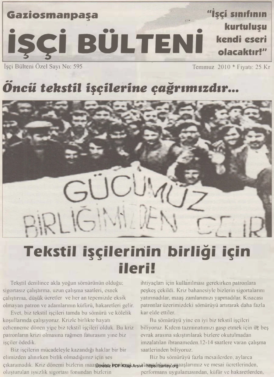 Gaziosmanpaşa İşçi Bülteni İşçi Bülteni Özel Sayı 595 Temmuz 2010 kapak görseli