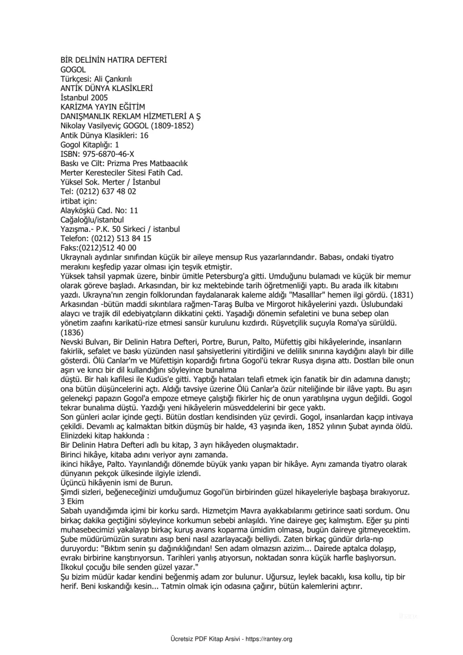 Gogol Bir Delinin Hatira Defteri kapak görseli