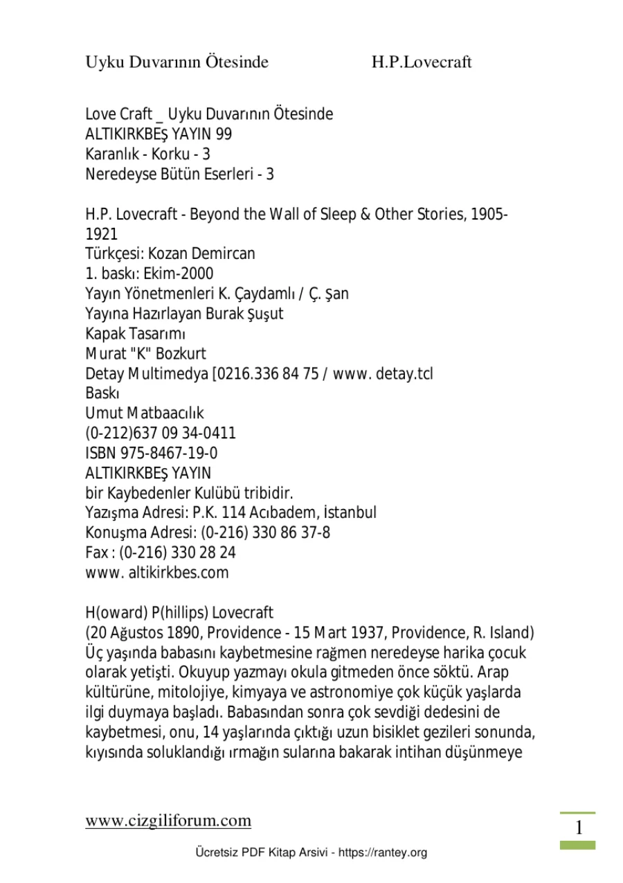 H P Lovercraft Uyku Duvarinin Otesinde kapak görseli