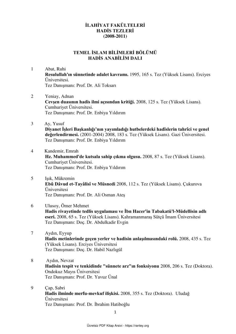 HADİS TEZLERİ 2008 2011 Ebu Abdulmumin Tekin Mıhçı kapak görseli