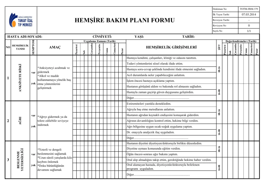 Hemşire Bakım Planı Formu (TOTM-FRM-379) kapak görseli