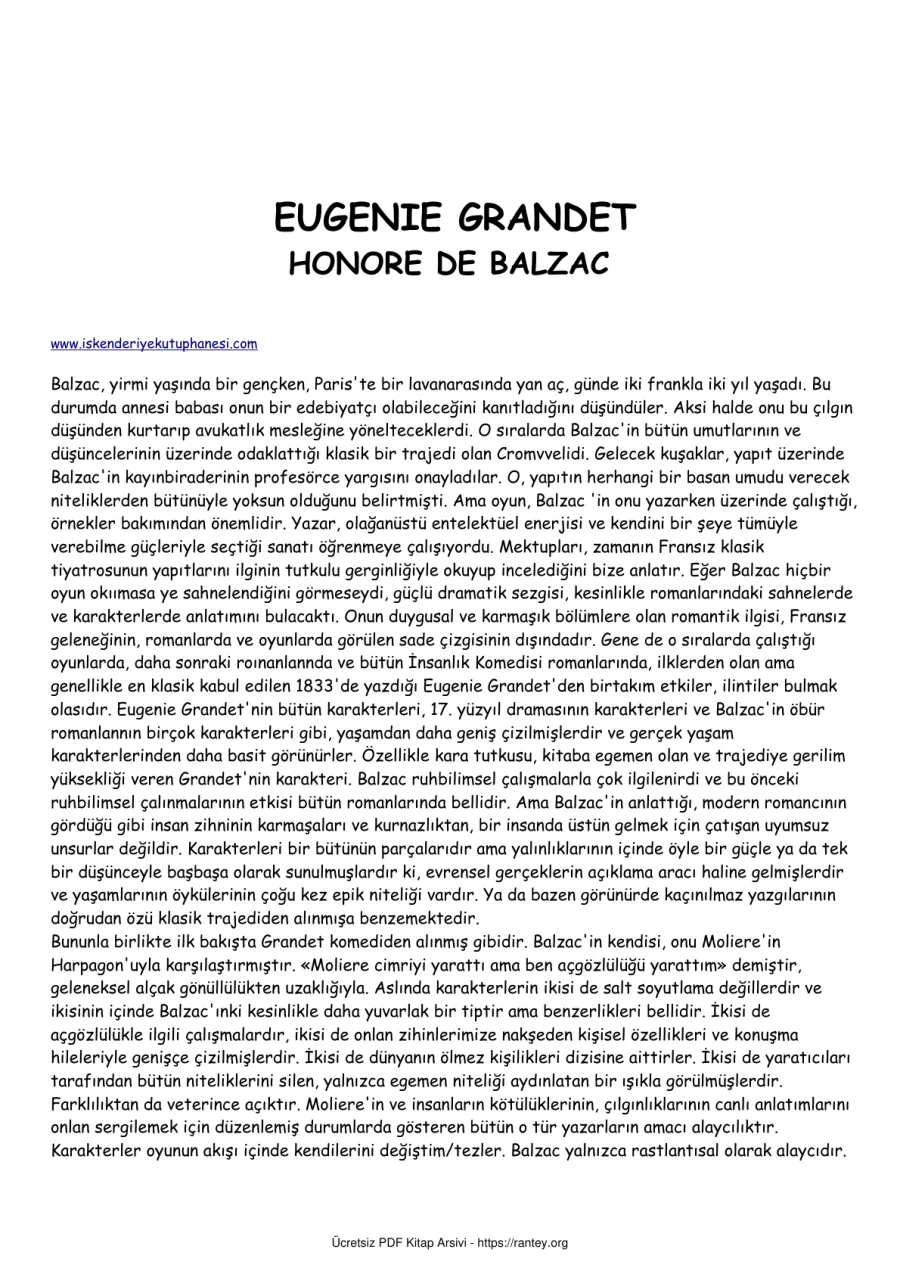 HONORE DE BALZAC EUGENIE GRANDET kapak görseli
