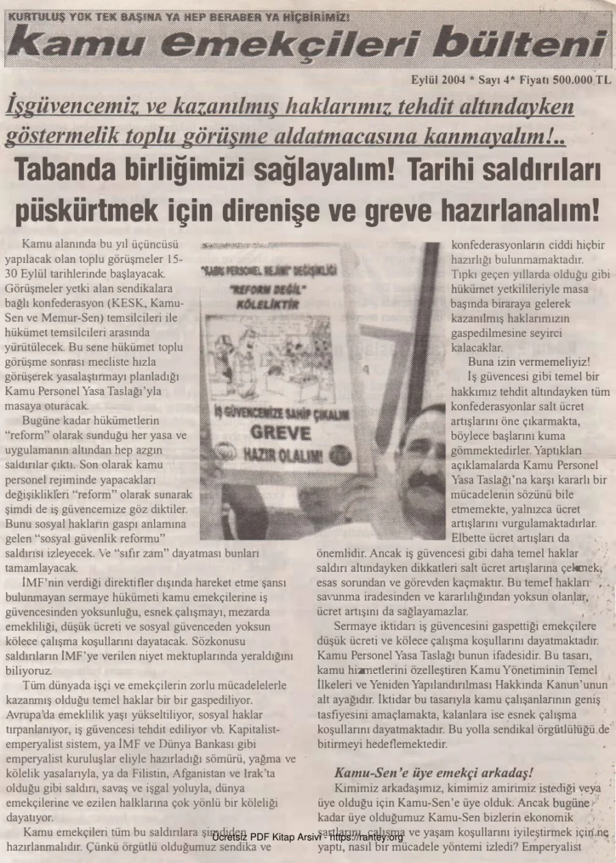 Kamu Emekçileri Bülteni Sayı 004 Eylül 2004 kapak görseli