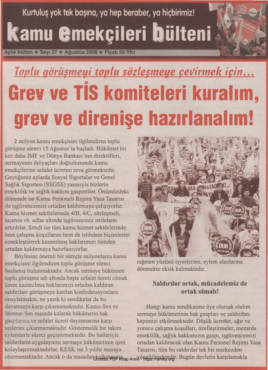 Kamu Emekçileri Bülteni Sayı 027 Ağustos 2008 kapak görseli