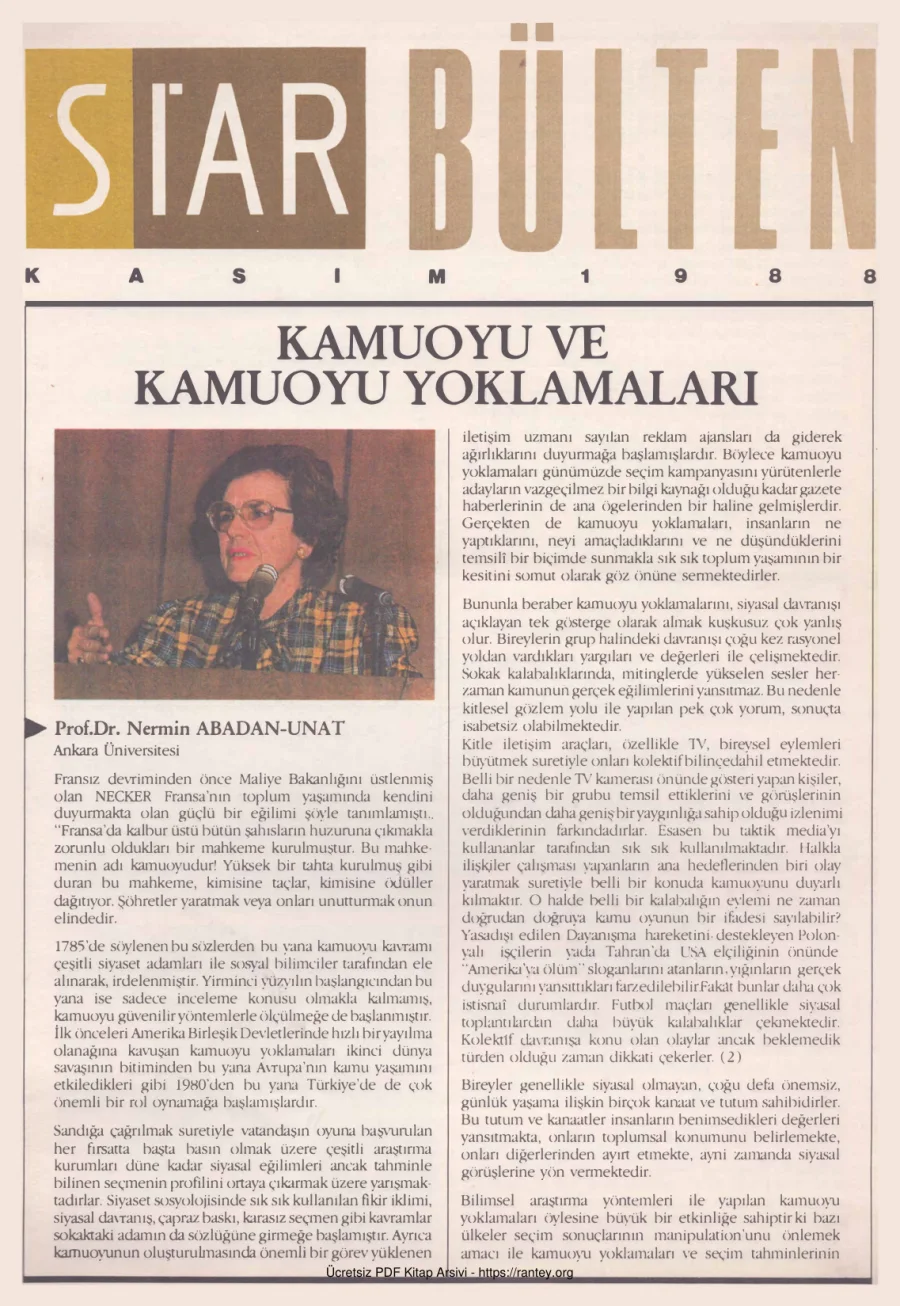 Kasım 1988 Nermin Abadan Unat kapak görseli