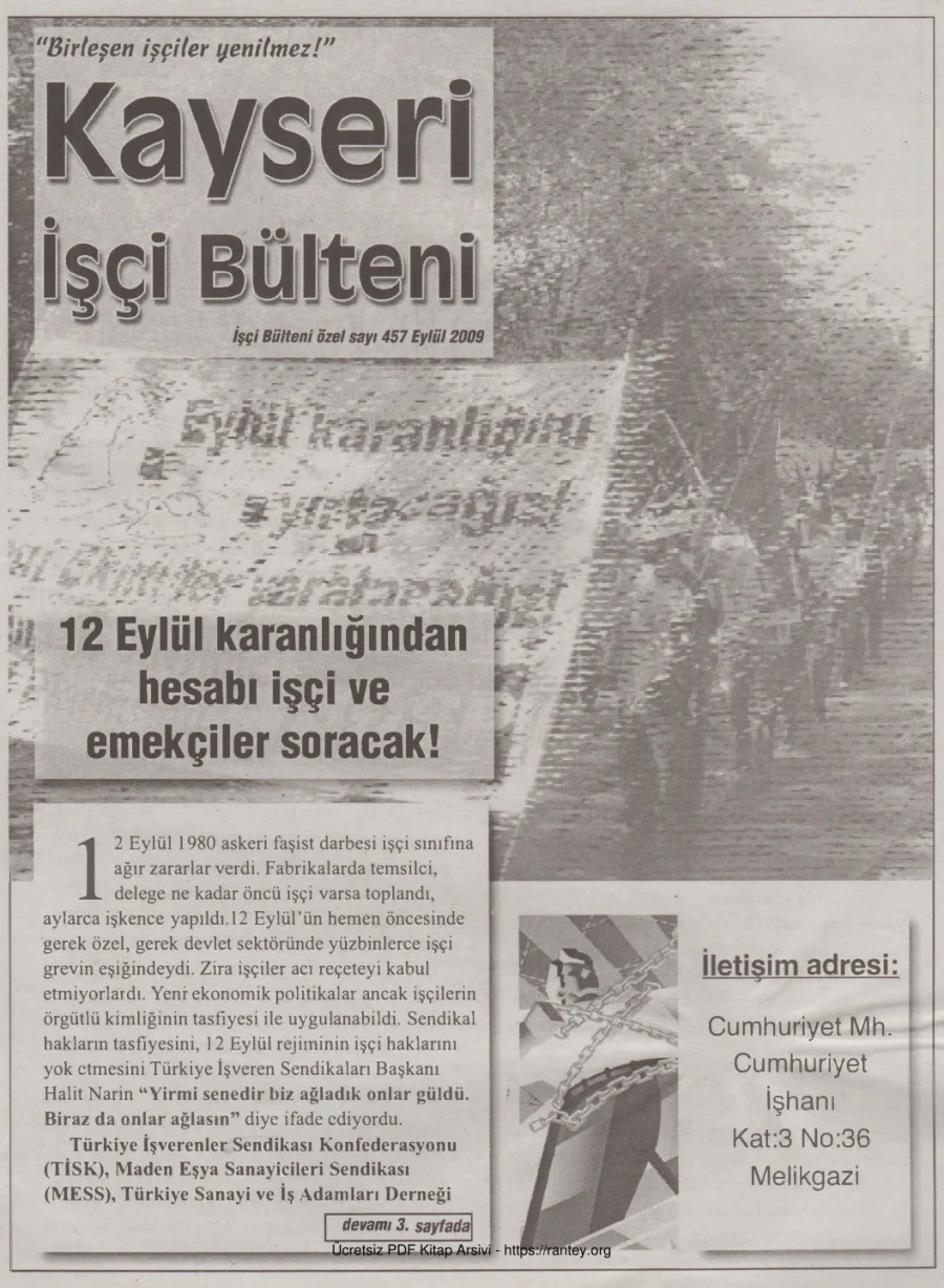 Kayseri İşçi Bülteni İşçi Bülteni Özel Sayı 457 Eylül 2009 kapak görseli
