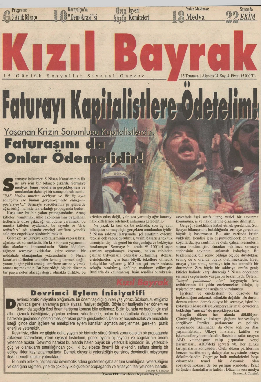 Kızılbayrak Yıl 1994 Sayı 04 15 Temmuz 01 Ağustos kapak görseli
