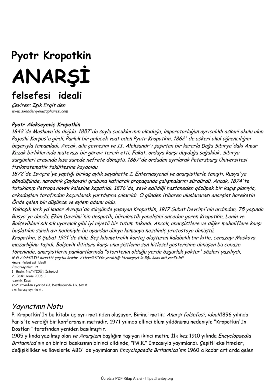 Kropotkin Anarsi felsefesi ideali kapak görseli