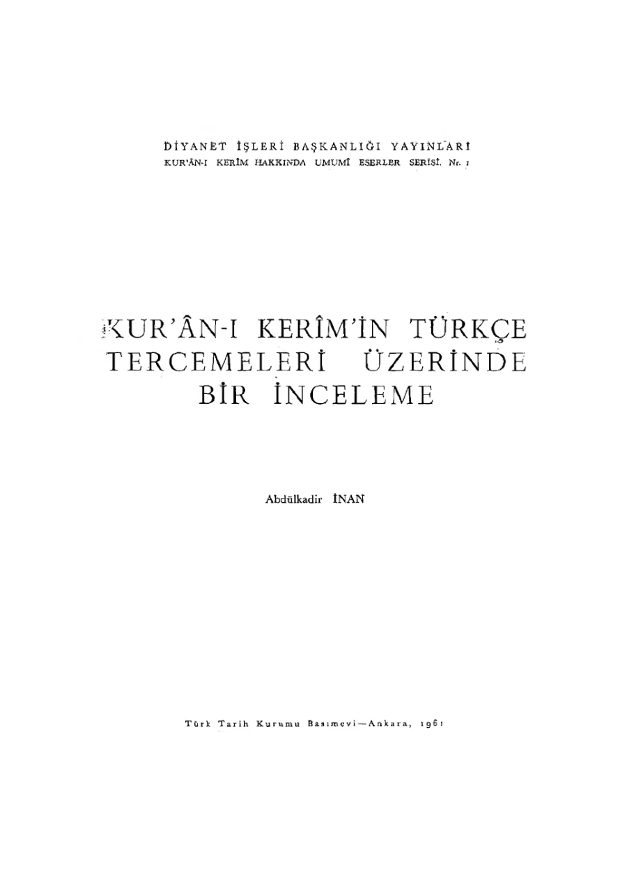 Kur'an I Kerim'in Türkçe Tercemeleri Üzerinde Bir İnceleme kapak görseli