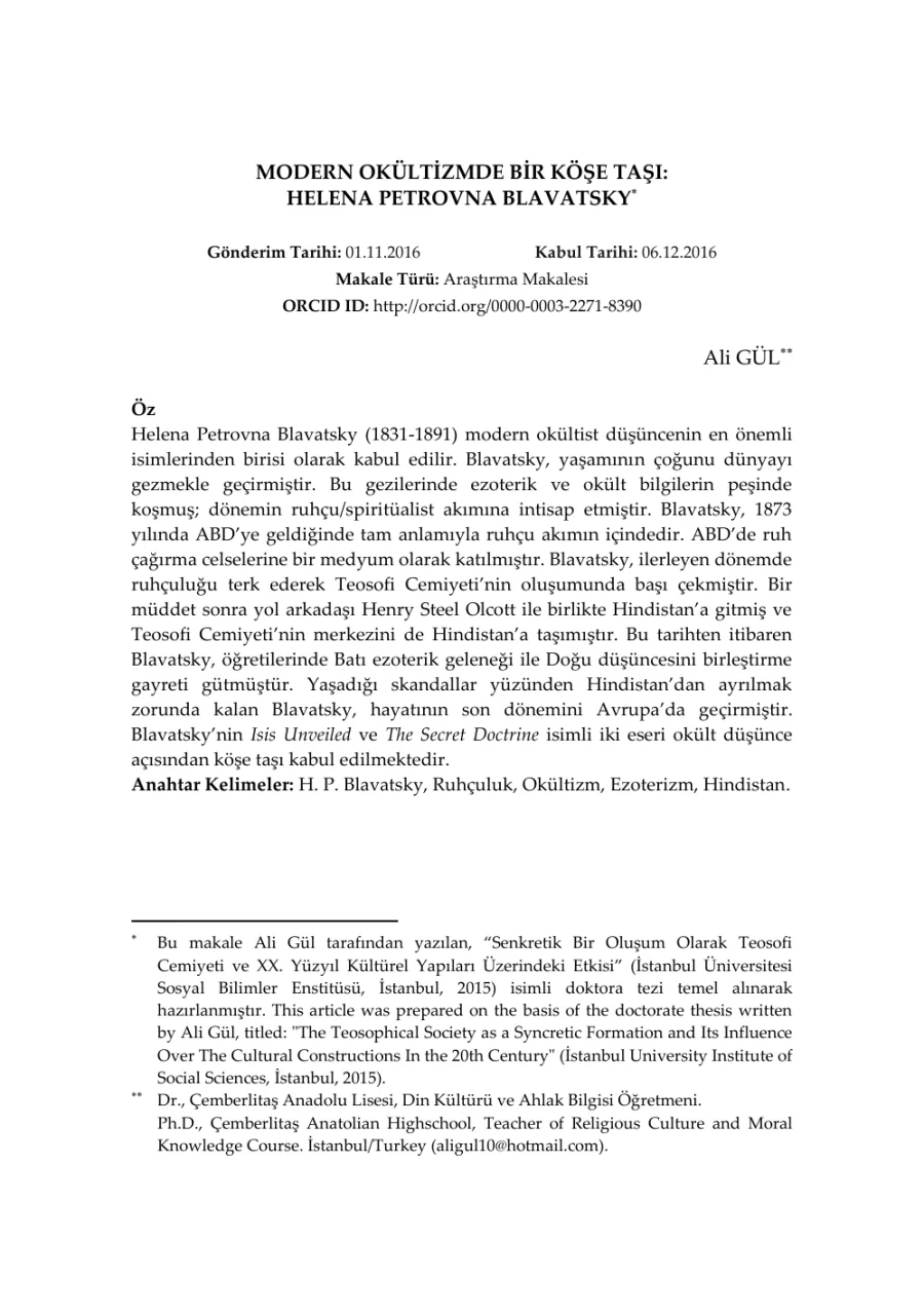 Modern Okültizmde Bir Köşe Taşı: Helena Petrovna Blavatsky PDF kapak görseli