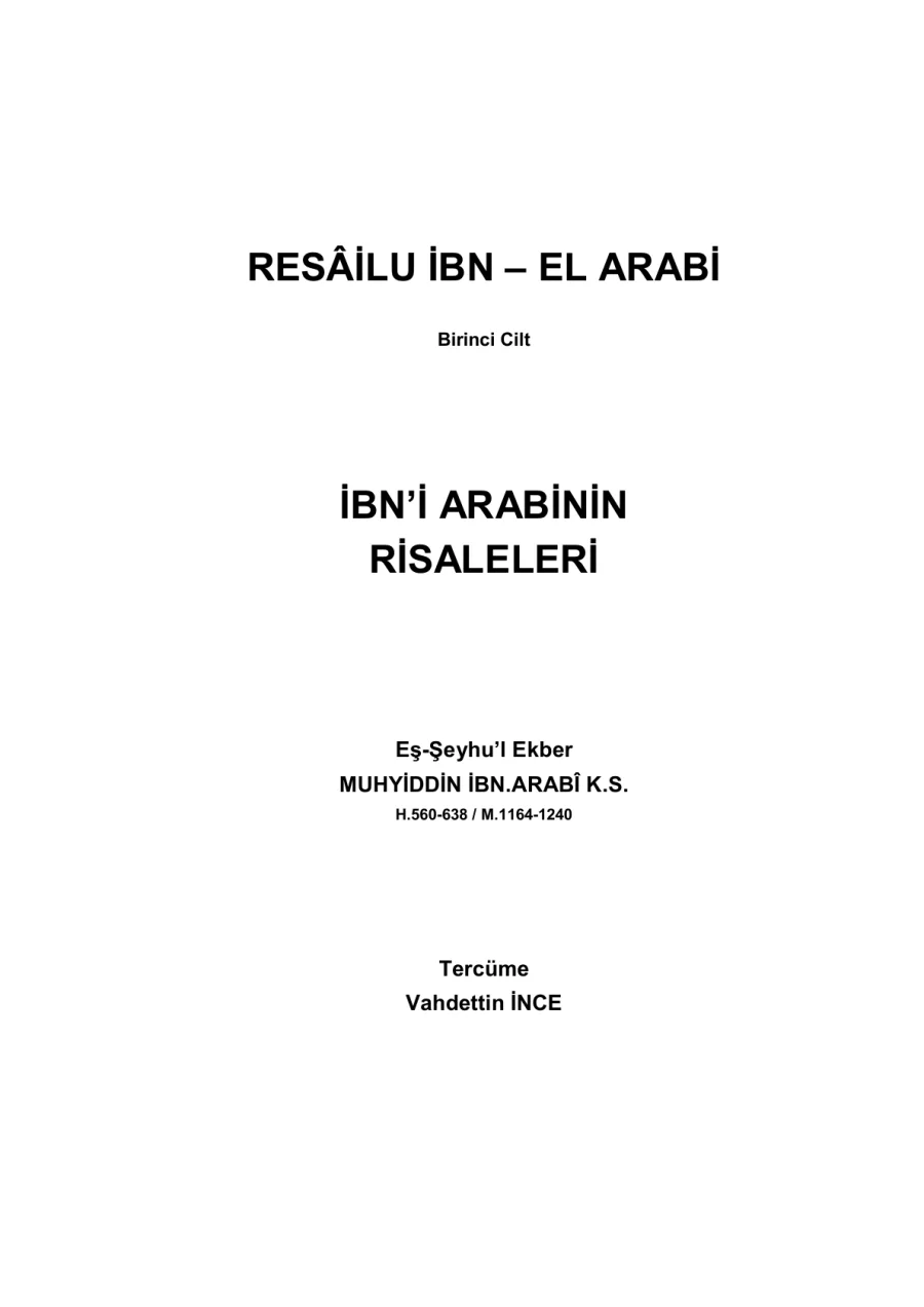 Muhyiddin İbnü'l-Arabî Risaleleri Cilt 1 PDF kapak görseli