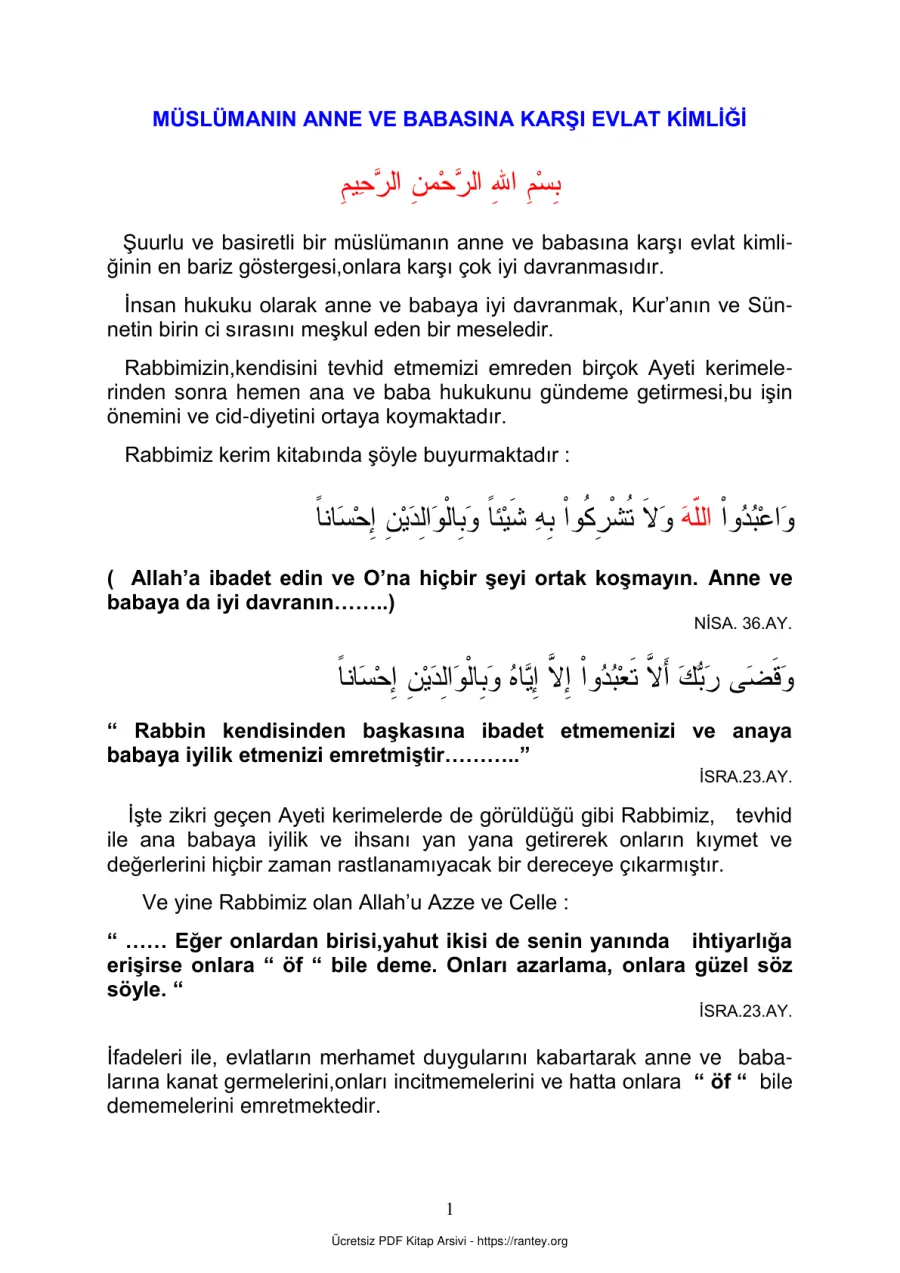 MÜSLÜMANIN ANNE VE BABASINA KARŞI EVLAT KİMLİĞİ Ebu Abdulmumin Tekin Mıhçı kapak görseli