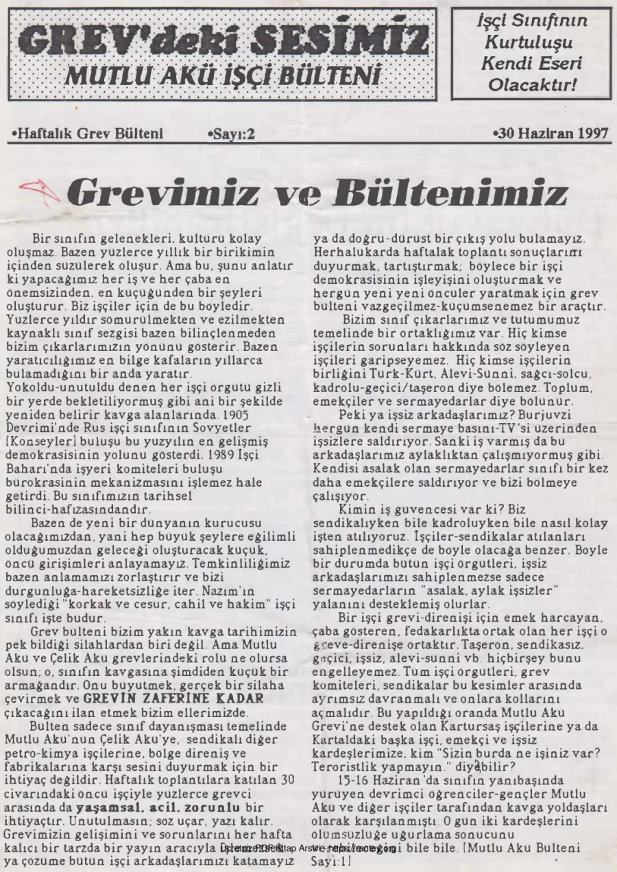 Mutlu Akü İşçi Bülteni Sayı 2 30 Haziran 1997 kapak görseli