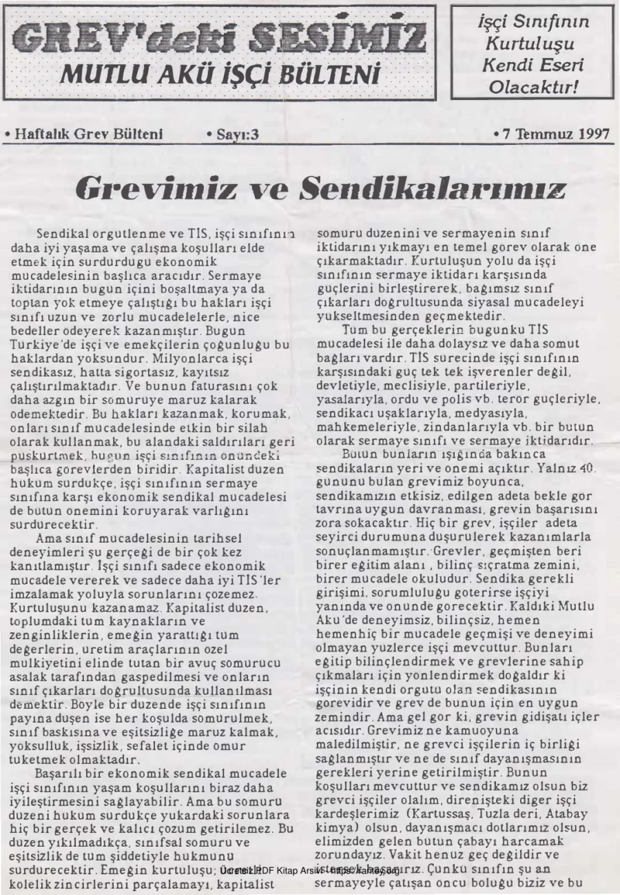 Mutlu Akü İşçi Bülteni Sayı 3 07 Temmuz 1997 kapak görseli