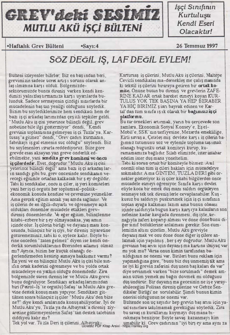 Mutlu Akü İşçi Bülteni Sayı 4 26 Temmuz 1997 kapak görseli