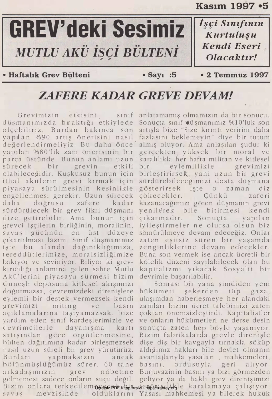 Mutlu Akü İşçi Bülteni Sayı 5 2 Ağustos 1997 kapak görseli