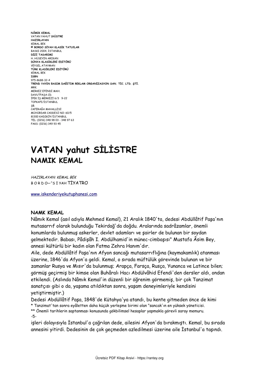 NAMIK KEMAL vatan yahut silistre kapak görseli